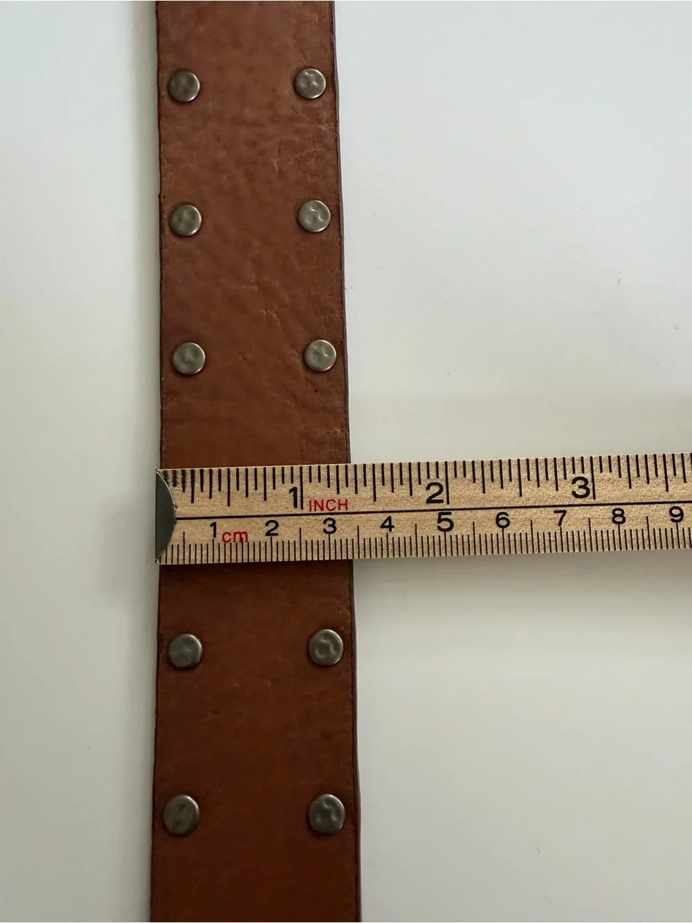 Brown Genuine Leather Studded Belt Hammered Silver-Tone Buckle 42”